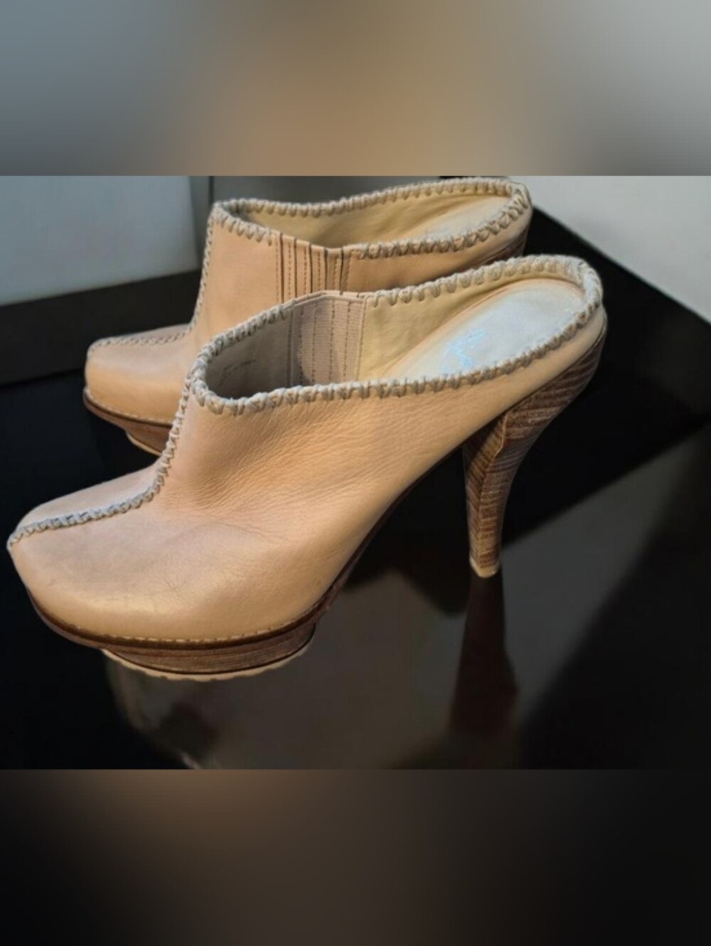 💕Donald J. Pliner Beige Leather High Heel Mules with Whipstitch Trim💕